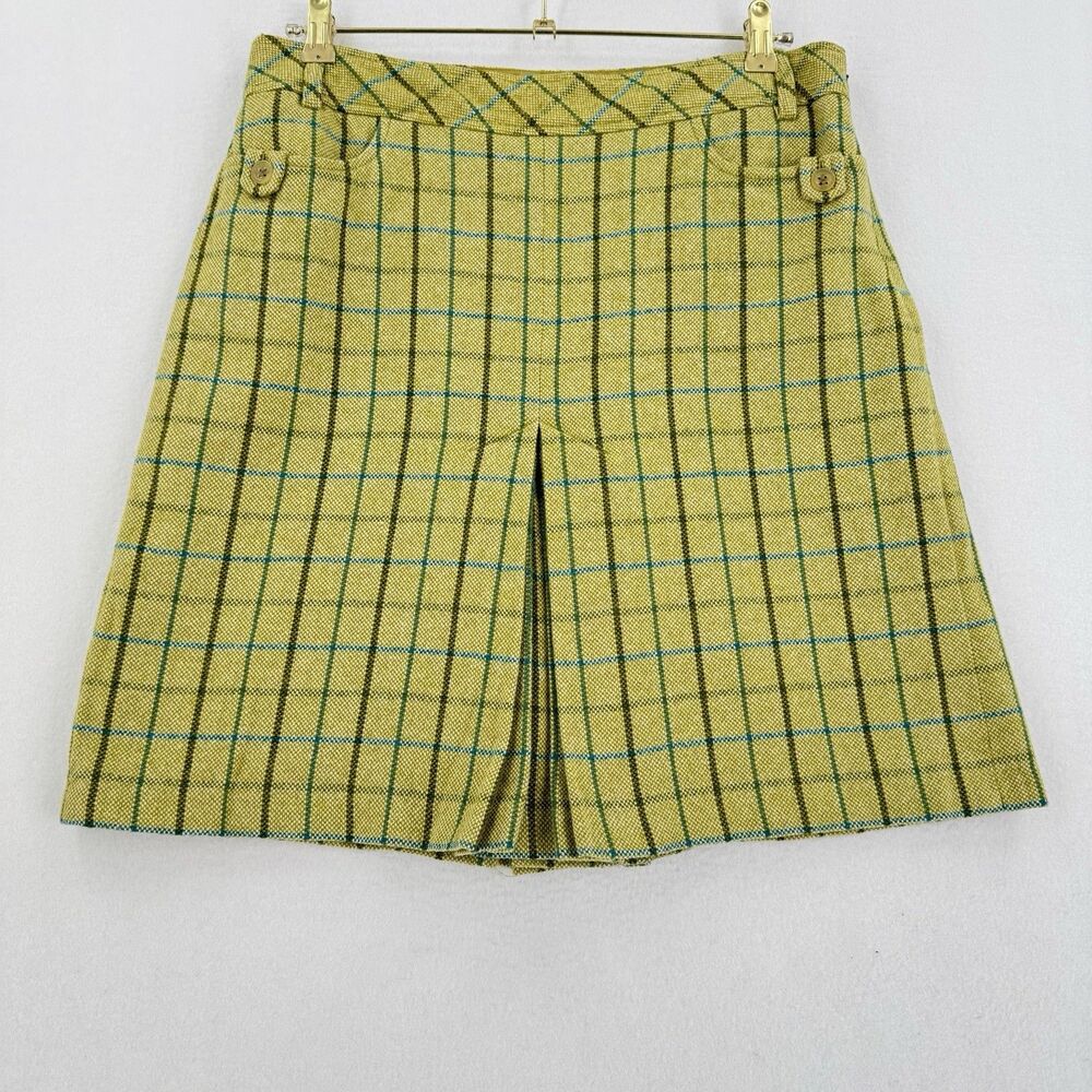LOFT Green Plaid Wool Blend Skirt 12P Front Back Kick Pleat Dark Academia Preppy